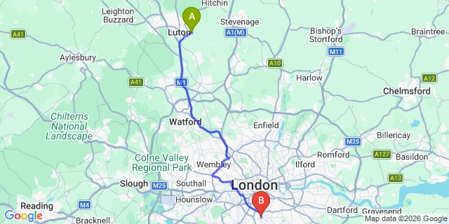 Map: London Luton Airport (LTN) to London SE27