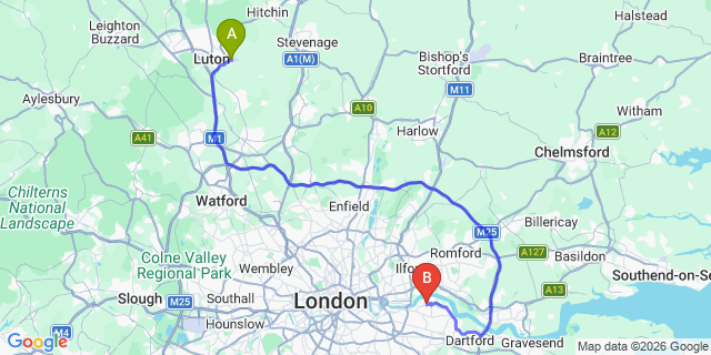Map: London Luton Airport (LTN) to London SE28