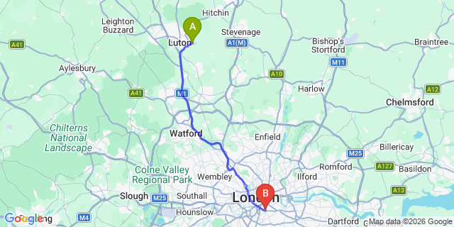 Map: London Luton Airport (LTN) to London SE5