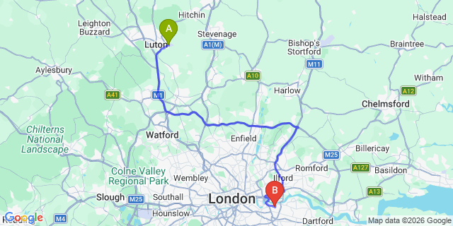 Map: London Luton Airport (LTN) to London SE7