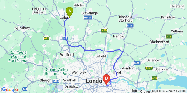 Map: London Luton Airport (LTN) to London SE8