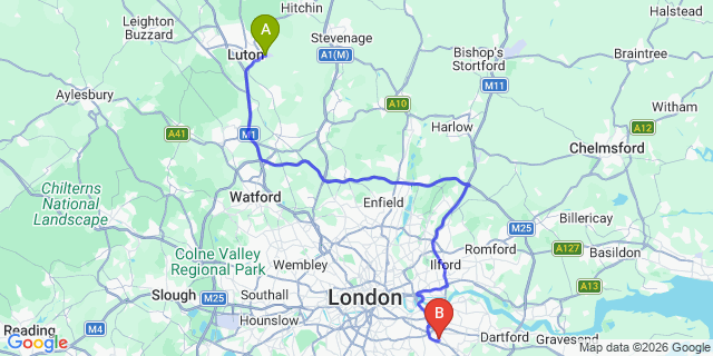 Map: London Luton Airport (LTN) to London SE9
