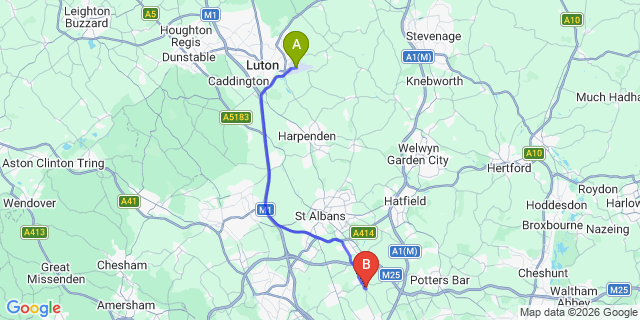 Map: London Luton Airport (LTN) to London - Shenley