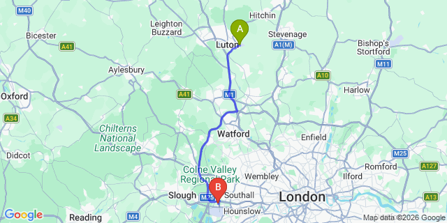 Map: London Luton Airport (LTN) to London - Sipson