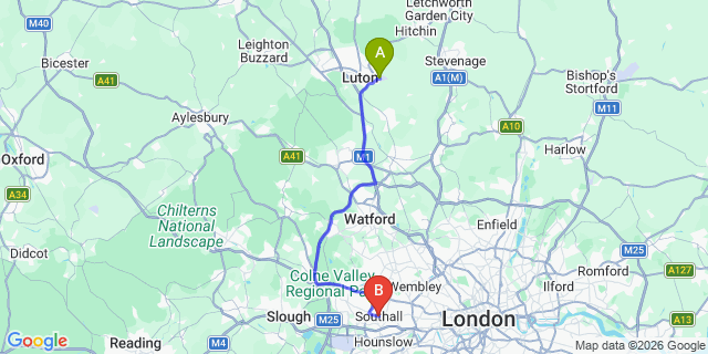 Map: London Luton Airport (LTN) to London - Southall