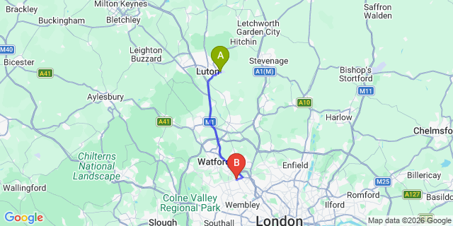 Map: London Luton Airport (LTN) to London - Stanmore