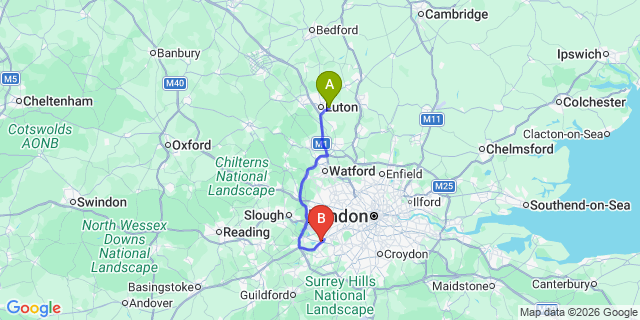 Map: London Luton Airport (LTN) to London - Sunbury-on-Thames