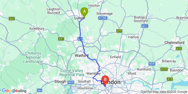 Map: London Luton Airport (LTN) to London SW10