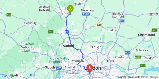 Map: London Luton Airport (LTN) to London SW11