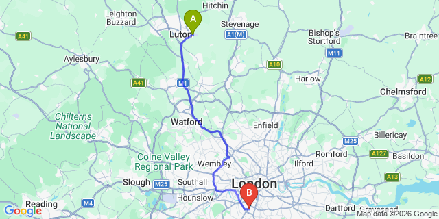 Map: London Luton Airport (LTN) to London SW12