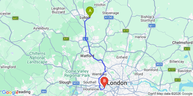 Map: London Luton Airport (LTN) to London SW13