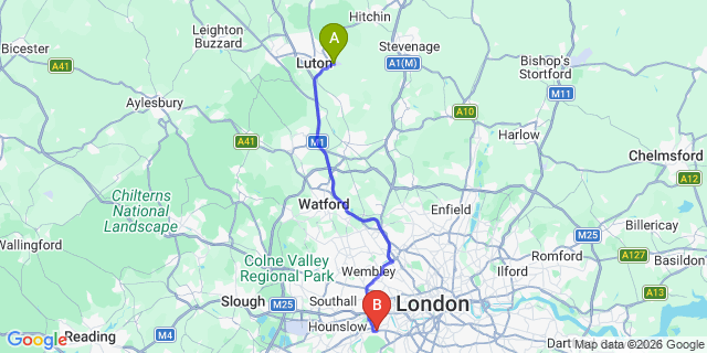 Map: London Luton Airport (LTN) to London SW14
