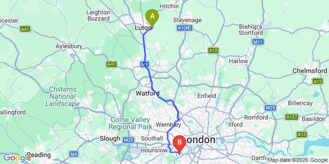 Map: London Luton Airport (LTN) to London SW15