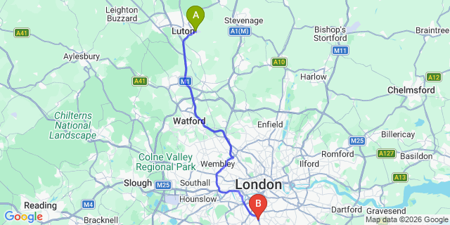 Map: London Luton Airport (LTN) to London SW16