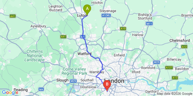Map: London Luton Airport (LTN) to London SW18