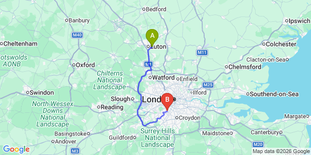Map: London Luton Airport (LTN) to London SW19