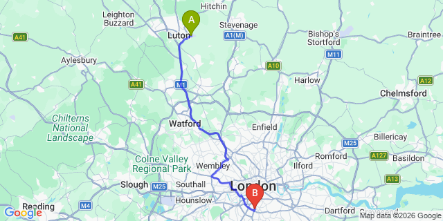 Map: London Luton Airport (LTN) to London SW2