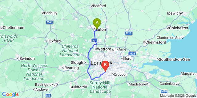 Map: London Luton Airport (LTN) to London SW20