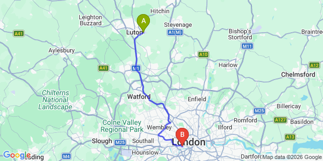 Map: London Luton Airport (LTN) to London SW3