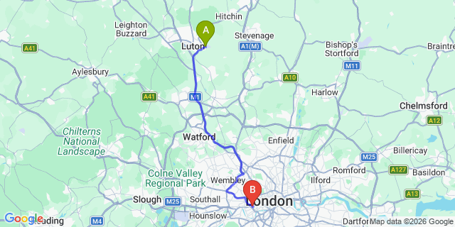 Map: London Luton Airport (LTN) to London SW5