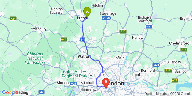 Map: London Luton Airport (LTN) to London SW6