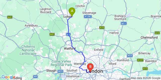 Map: London Luton Airport (LTN) to London SW7