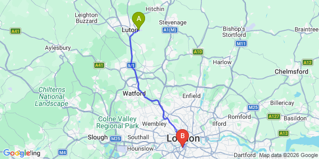 Map: London Luton Airport (LTN) to London SW8