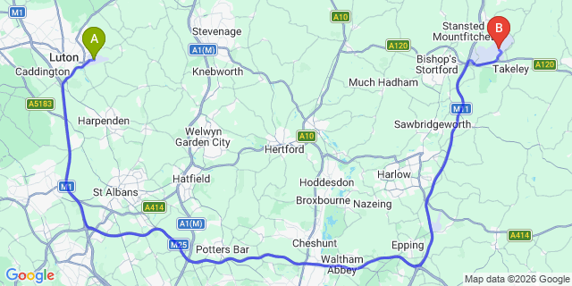 Map: London Luton Airport (LTN) to London - Upminster