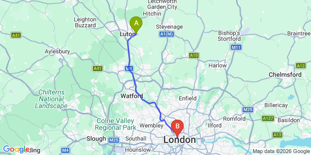 Map: London Luton Airport (LTN) to London W1