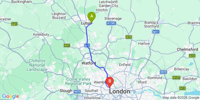 Map: London Luton Airport (LTN) to London W10