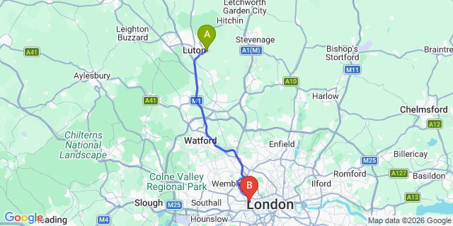 Map: London Luton Airport (LTN) to London W11