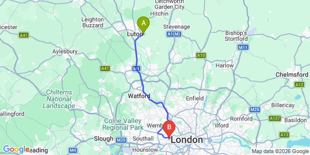 Map: London Luton Airport (LTN) to London W12