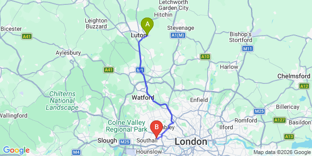 Map: London Luton Airport (LTN) to London W13