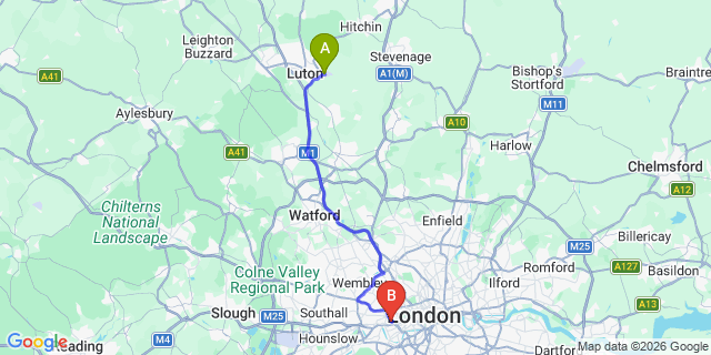 Map: London Luton Airport (LTN) to London W14