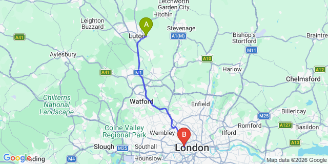 Map: London Luton Airport (LTN) to London W2