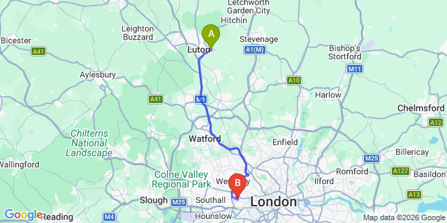 Map: London Luton Airport (LTN) to London W3