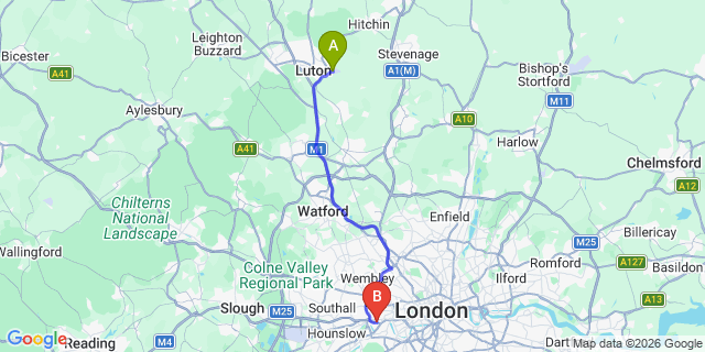 Map: London Luton Airport (LTN) to London W4