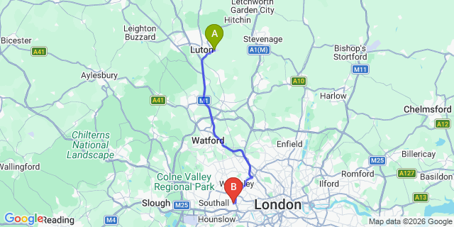 Map: London Luton Airport (LTN) to London W5