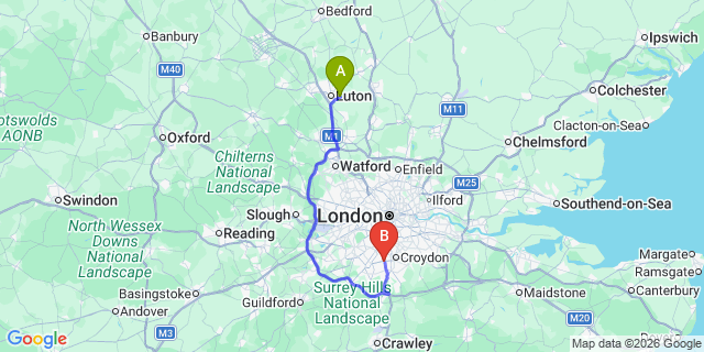 Map: London Luton Airport (LTN) to London - Wallington