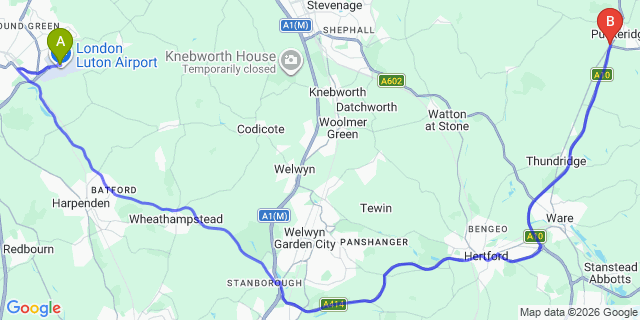 Map: London Luton Airport (LTN) to London - Waltham Abbey