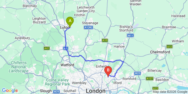 Map: London Luton Airport (LTN) to London - Walthamstow