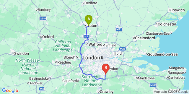 Map: London Luton Airport (LTN) to London - Warlingham