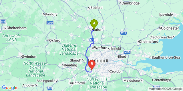 Map: London Luton Airport (LTN) to London - Watton-on-Thames