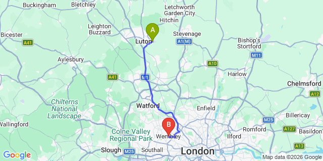 Map: London Luton Airport (LTN) to London - Wembley