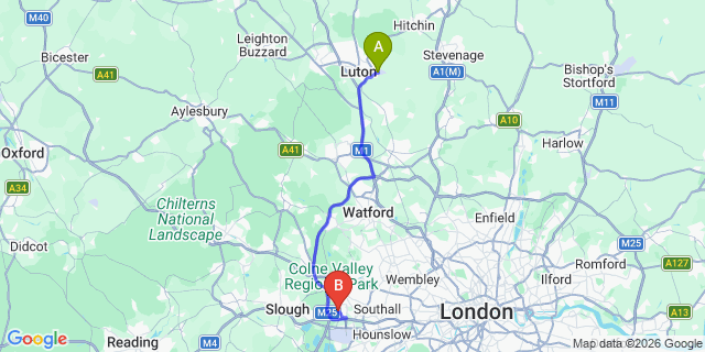 Map: London Luton Airport (LTN) to London - West Drayton
