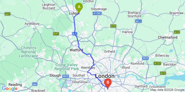 Map: London Luton Airport (LTN) to London - West Norwood