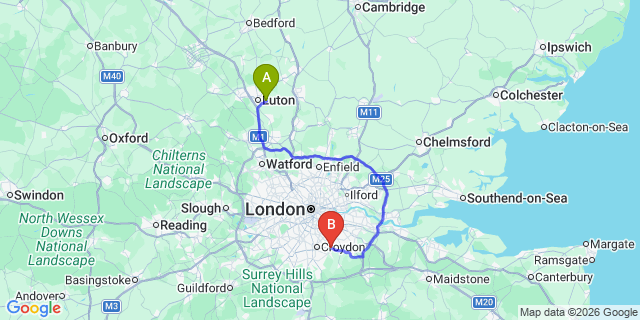 Map: London Luton Airport (LTN) to London - West Wickham