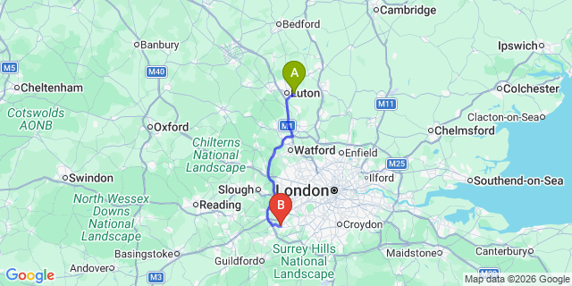 Map: London Luton Airport (LTN) to London - Weybridge