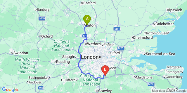 Map: London Luton Airport (LTN) to London - Woldingham