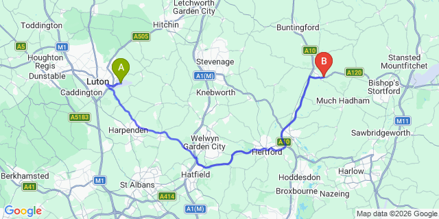 Map: London Luton Airport (LTN) to London - Woodford